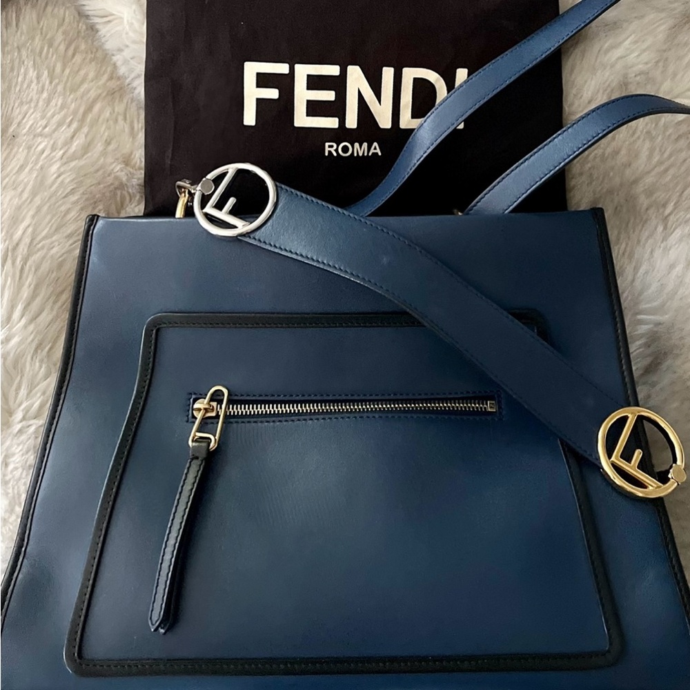 Fendi Blue Calfskin Medium Runaway Medium Shoulder Bag. Gold & Silver Accents.